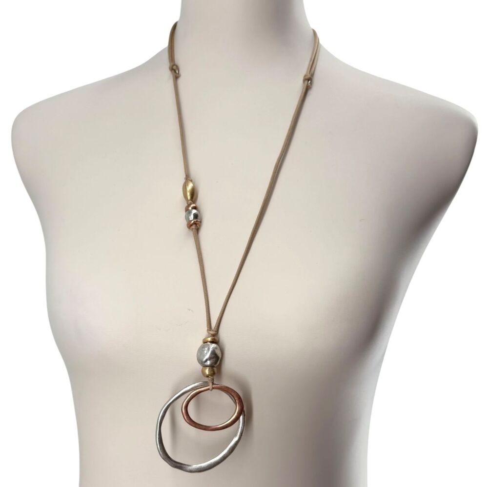 J Jill Mixed Metal Necklace Adjustable Cord Double Circle Pendant Boho Artisan - Picture 11 of 11